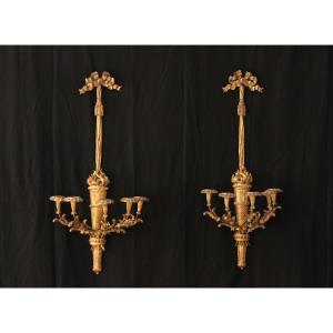 Important Pair Of Five-light Giltwood Sconces, 19th Century