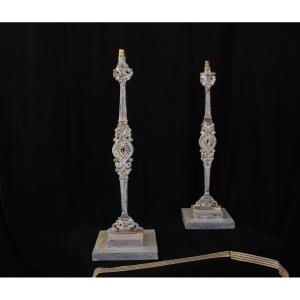 Pair Of Blue And White Lacquered Cast Iron Lamp Bases