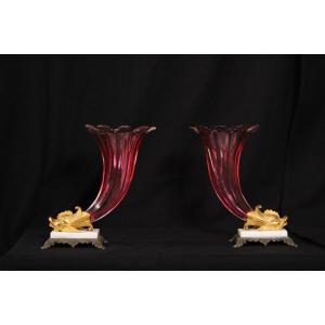 Pair Of Rhython Vases In Gilded Ruby Glass, Russia, Mid-19th Century