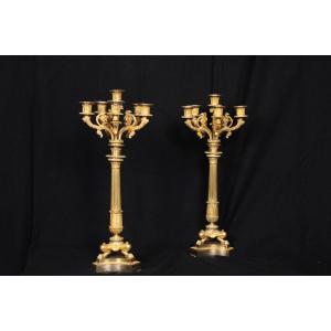 Pair Of 6-light Candelabras, In Gilded Bronze, From The 19th Louis-philippe Period