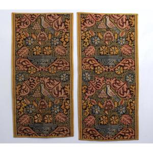  Pair Of Needlepoint Tapestries, Floral Design Inhabited By Birds, England, Early 20th Century