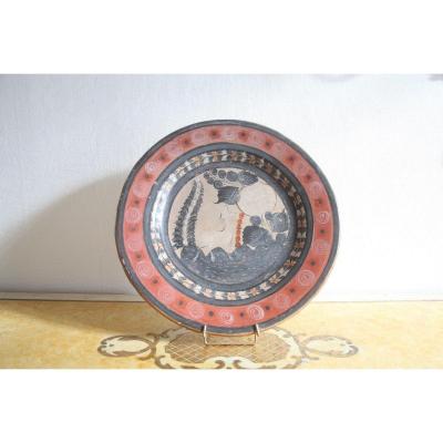 Large Circular Terracotta Dish With Peacock Decoration In A Landscape.