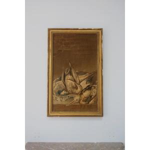 Panneau de tapisserie fine aux oiseaux fin XVIIIème