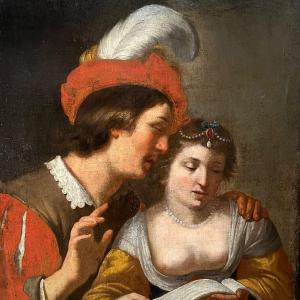 The Singing Lesson, Large Oil On Canvas Mid-19th Century Portrait Troubadour Style 19th