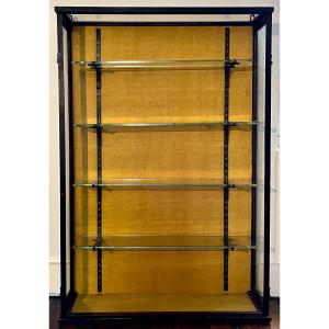 Presentation Window In Blackened Wood With A Mustard Yellow Fabric Background, With An Old Glass