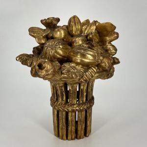 Basket Of Fruits And Flowers, Carved Gilded Wood From The End Of The 18th Century, 18th Century Centerpiece