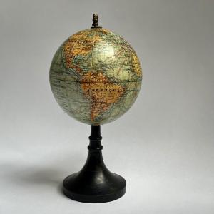 Miniature Terrestrial Globe J. Forest Late 19th - Early 20th Century World Map On Blackened Wooden Base