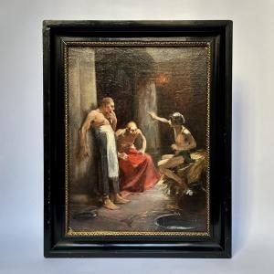 Painting Scene From Egyptian Antiquity, Oil On Cardboard 19th Century Prisoner Egypt 19th 