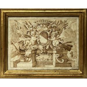 17th Century Pen Drawing - Monument To The Arms Of The Capponi Family - Florence, Italy, 17th Century