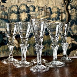 Six 18th Century Hexagonal Stemmed Glasses In 18th Century Blown Glass 