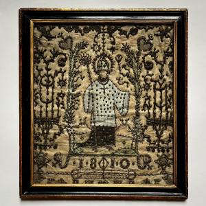 Saint Robert, Metallic Thread Embroidery On Silk Dated 1810 - 19th Century Folk Art