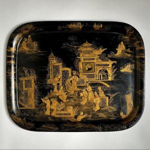 Large Painted Sheet Metal Tray With Chinoiserie Decoration, 19th Century, Napoleon III Period, 19th Century