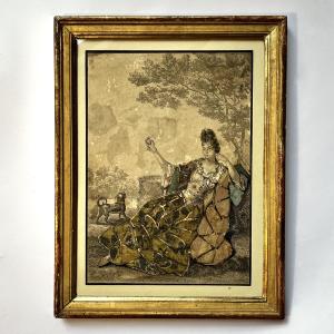 Engraving Of A Lady In Dress, 18th Century - A Lady Of Quality Enjoying The Fresh Air On The Grass, Antique 18th-century Fabric