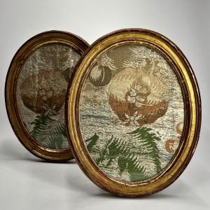 Fragments Of Antique 18th-19th Century Fabrics In 18th-19th Century Giltwood Frames