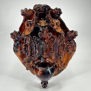 Large Glazed Earthenware Holy Water Font From The 18th Century, Ligron, Sarthe, Beauvais? Folk Art, 18th Century