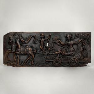 Carved Wooden Chest Panel, Allegorical Chariot Scene, 18th Century