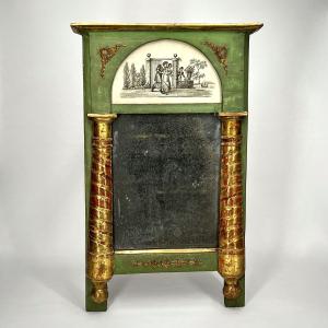 Small Trumeau - Mirror In Green And Gold Lacquered Wood, 19th Century
