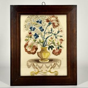 19th-century Multicolored Floral Embroidery In Satin Stitch, Antique Textile