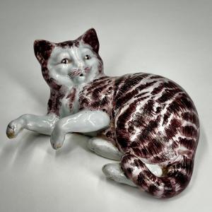 19th Century Manganese Earthenware Reclining Cat With Fake Delft Mark 19th Century