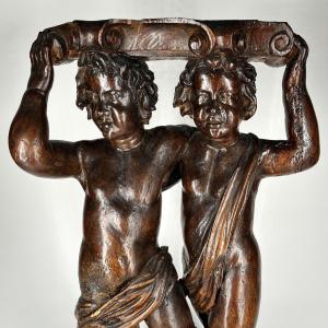 Carved Wood Putti Porteurs, Decorative Element Or Furniture, 17th - 18th Century 17th - 18th Century