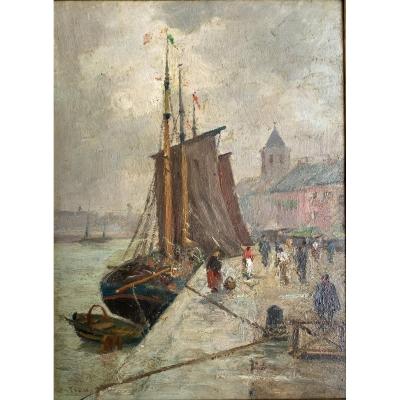 Paul Ortiou (1867-?) - Oil, Boat At Dock, Marine, Animated Harbour Scene