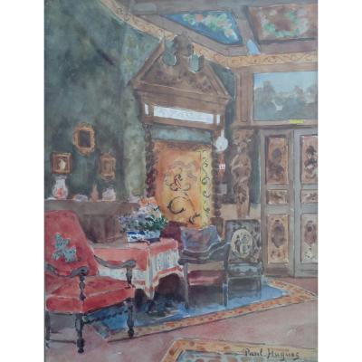 Paul Hugues (1891-1950) - Watercolor - Louis XIII Style Interior