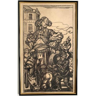 Maxime Dethomas (1867-1929) - The Carnival Of The Giants - Belgium - Charcoal