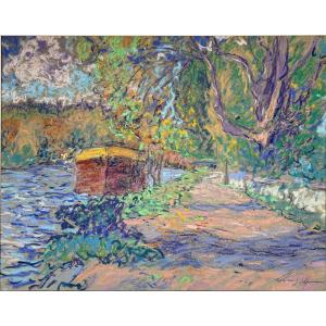 Barge - Post-impressionist Pastel By Hervé Avner