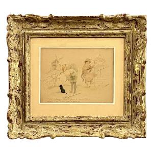 Willette Adolphe Watercolor Naughty Subject In Montmartre