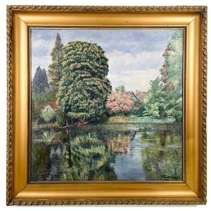 Alsatian Landscape "the Banks Of The Ill" By Auguste Cammissar