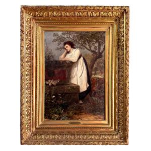 Reverie, Young Girl At The Fountain And Two Doves. Signed C. Pabst 