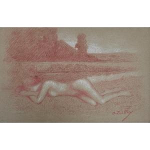 Nude Drawing In Red Chalk By Alsatian Painter Auguste Zwiller (1850-1939)