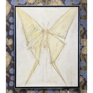 Oil On Canvas Of A Butterfly By Marcel Recher, Alsatian Painter (1926 - 2016)