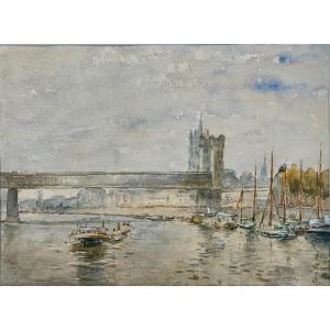 View Of London's Tower Bridge And Its Boats, Watercolor Attributed To Frank Boggs 