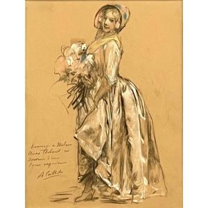 Calbet: Portrait Of An Elegant Woman With A Bouquet, Pencil, Watercolor And Charcoal With Charming Dedication.