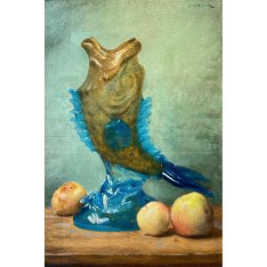 Composition With Apples And A Fish Vase, Signed Zwiller 