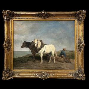 Oil On Canvas "peasant Resting With His Plow Horses By The Sea" 20th Century
