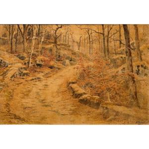 Fontainebleau Forest, Large Watercolor Signed J. Jeannot, Circa 1895-1905