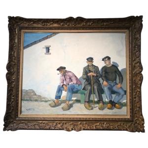 The "conversation", Large Oil On Canvas By Emile Guillaume 