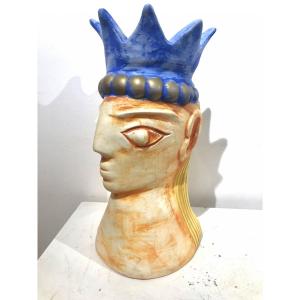 Pierre Casanove For Saint-clément, Large Vase In The Shape Of A Crowned Head 