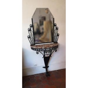 Art Deco Set, Console And Its Wrought Iron Mirror 1930