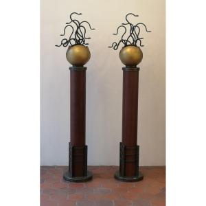 Michel Zadounaisky, Art Deco 1930, Pair Of Wrought Iron Columns With Snakes