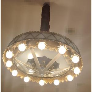 1940 Chandelier/ceiling Light In Lacquered Sheet Metal With 14 Lights, Banci