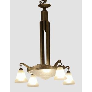 Muller Frères, Art Deco Wrought Iron Chandelier 1925/30