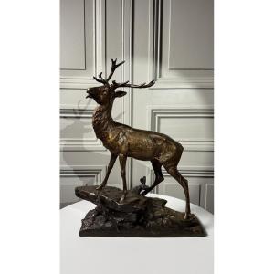 Edouard Drouot - Large Bronze Sculpture, Stag In Rut, Late 19th Century