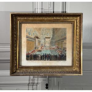 Hand-coloured Engraving – Papal Ceremony In The Sistine Chapel – Rome, Circa 1820-1850