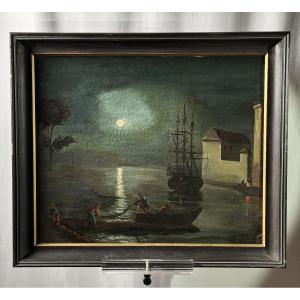 Moonlight Harbour Scene - Oil On Canvas - 19th Century