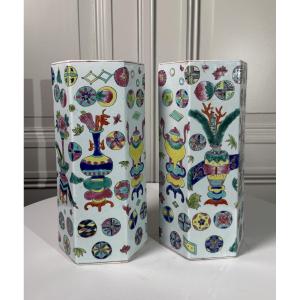 Pair Of Chinese Porcelain Brush Pots (bitong), Famille Rose Enamels