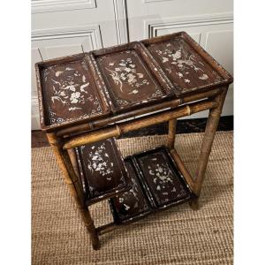 Bamboo Occasional Shelf Or Table With Mother-of-pearl Inlaid Panels – Japonist Taste, 19th Cent