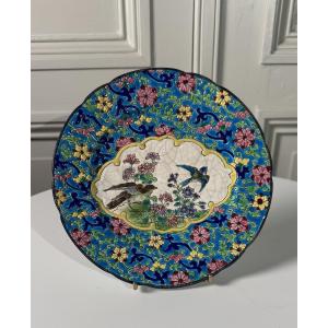 Decorative Longwy Enamel Plate With Birds And Floral Motif